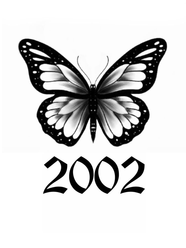 a black and white butterfly with the number 2002 on it's back side