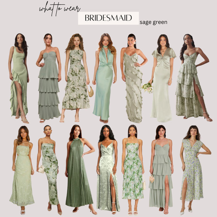 the bridesmaid dresses are all in different styles and colors, but one is green