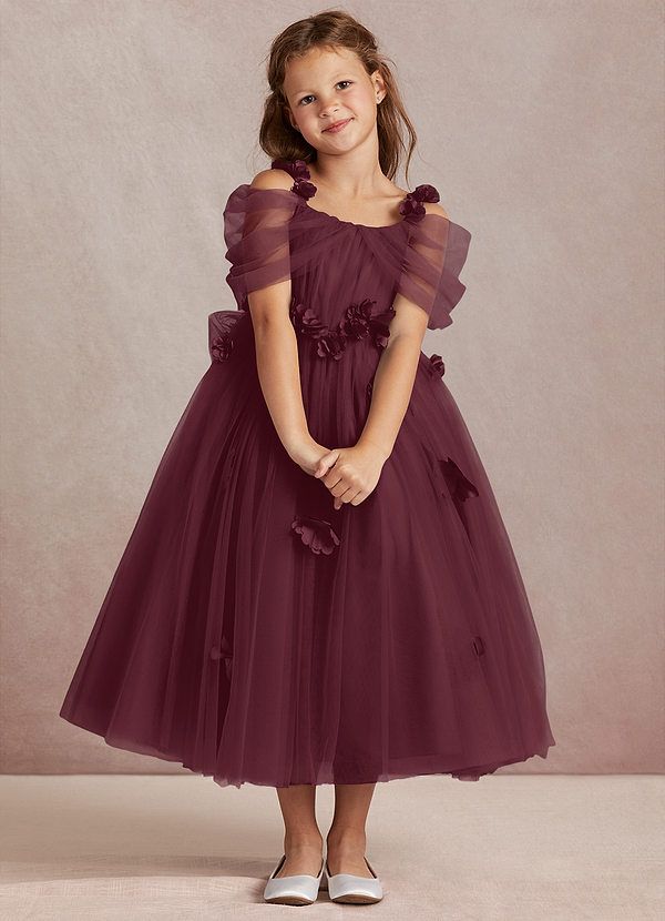 Shaylee is an enchanting A-line flower girl dress that is crafted from delicate tulle. She features intricately handmade 3D flower embellishments. Off-shoulder sleeves offer a touch of whimsy that is complimented with a tulle bow back. The flowers cascade gracefully down the tulle skirt that flows with every step. Fall Wedding Flower Girl, Fall Flower Girl Dresses, Flower Girl Outfit, Girls Fall Dresses, Tulle Bow, Flower Embellishments, Winter Wedding Flowers, Tulle Flower Girl, Tulle Bows