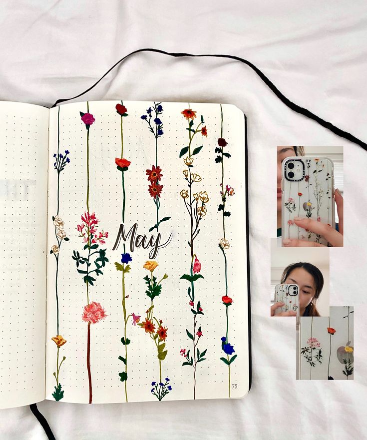 an open notebook with flowers on it next to photos of the same person's face