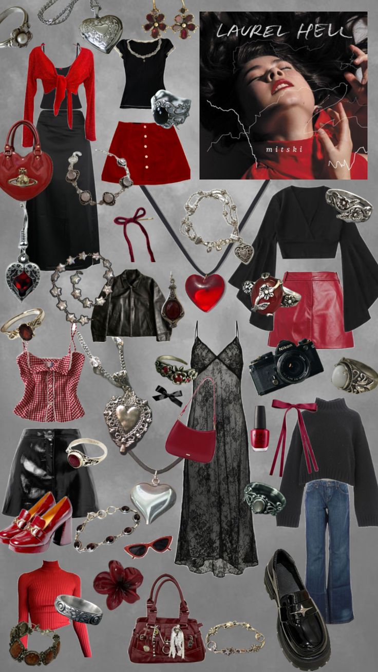 a collage of clothes and accessories including shoes, purses, necklaces and rings