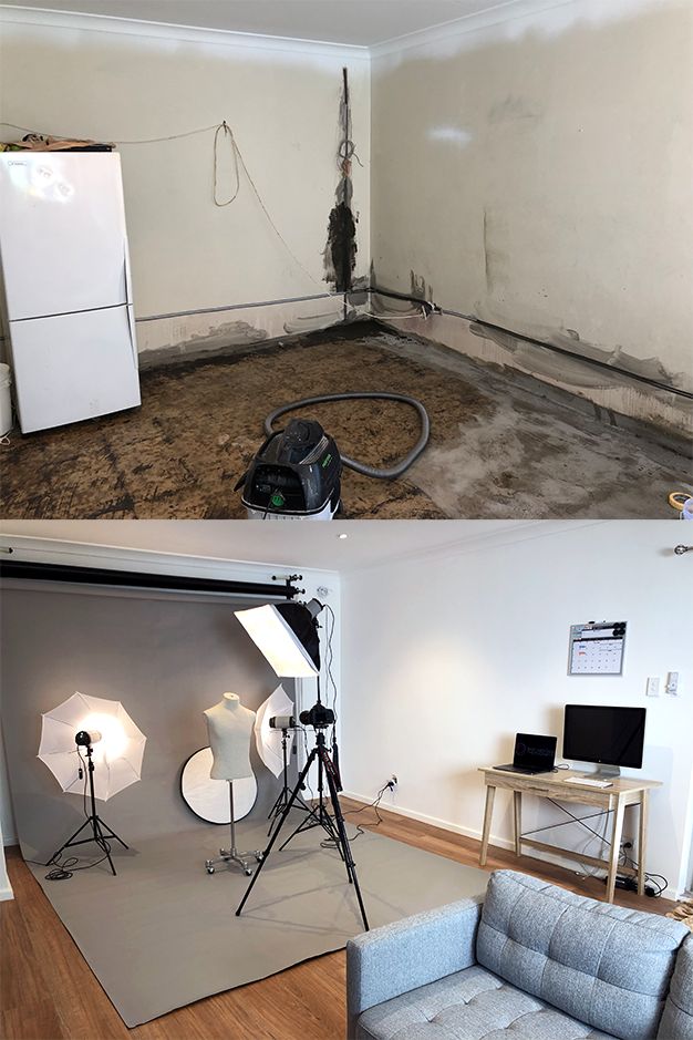 two pictures of the same room in different stages of being used for photography and video production