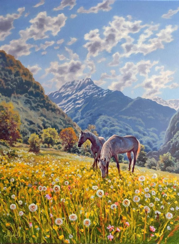 two horses are grazing in a field with mountains in the background and flowers all around