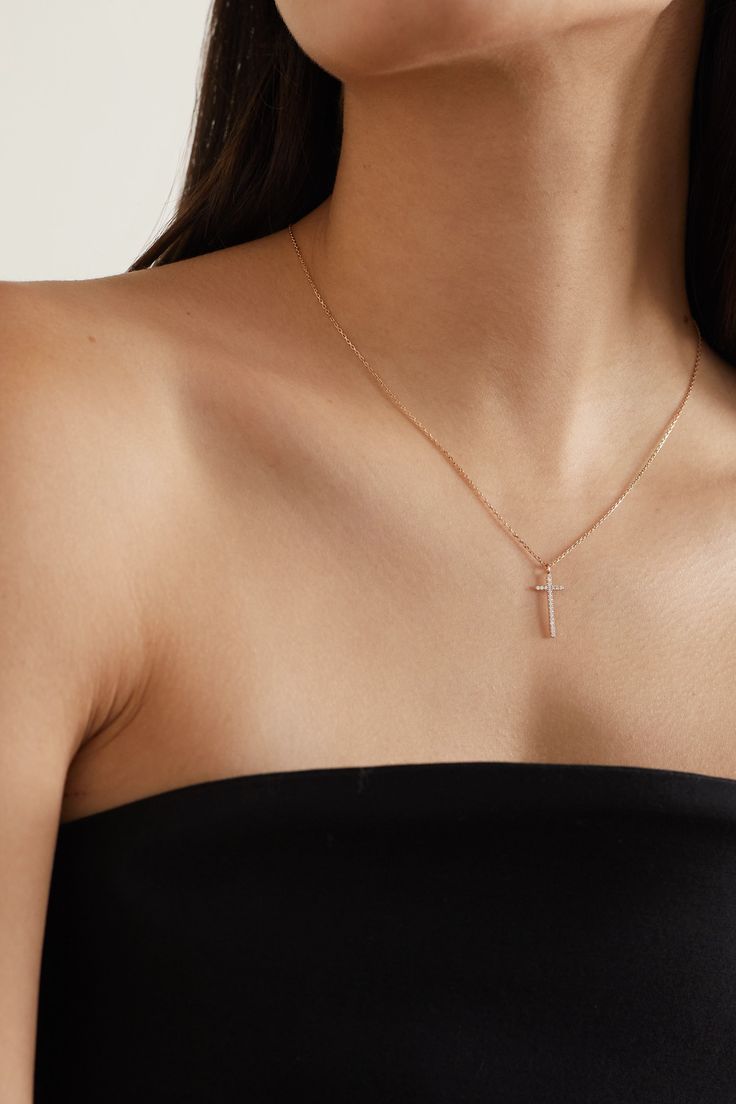 Diane Kordas' necklace is strung with a dainty diamond-studded cross pendant. The delicate curb chain is made from 14-karat rose gold. Layer yours with pearls or wear it solo. Elegant Rose Gold Sterling Silver Cross Necklace, Rose Gold Cross Pendant Necklace In Fine Jewelry Style, Rose Gold Cross Pendant Necklace, Rose Gold Cross Pendant Jewelry With Delicate Chain, Rose Gold Jewelry With Delicate Chain And Cross Pendant, Rose Gold Cross Pendant Necklace With Delicate Chain, Rose Gold Cross Pendant With Delicate Chain, Rose Gold Cross Necklace In Fine Jewelry Style, Rose Gold Cross Necklace Fine Jewelry