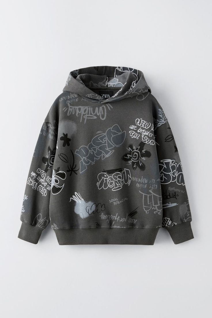 GRAFFITI HOODIE SWEATSHIRT - Anthracite grey | ZARA United States Graffiti Hoodie, Waistcoat Dress, Cardigan Sweater Dress, Cardigan Sweater Jacket, Tee Shirt Designs, Leather Shirt, Tshirt Skirt, T Shirt Vest, Linen Shirt