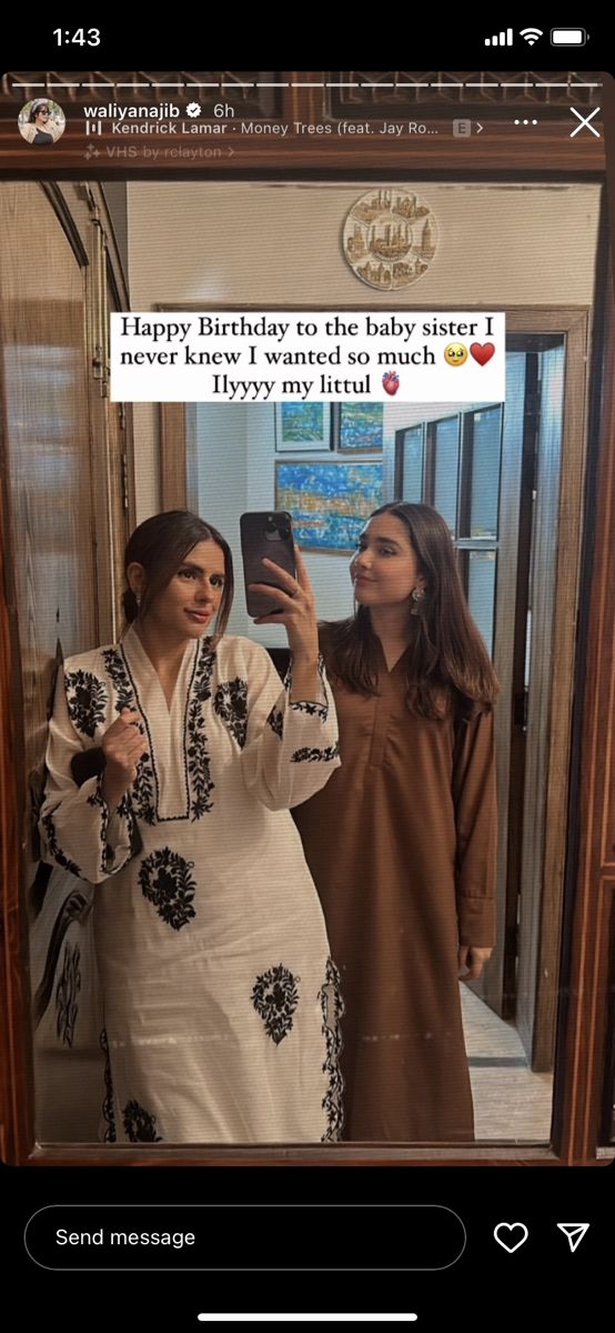 two women taking a selfie in front of a mirror with the caption happy birthday to the baby sister