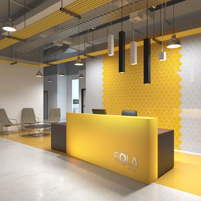 an office with yellow walls and chairs in the background, there is a reception counter that has a smiley face on it