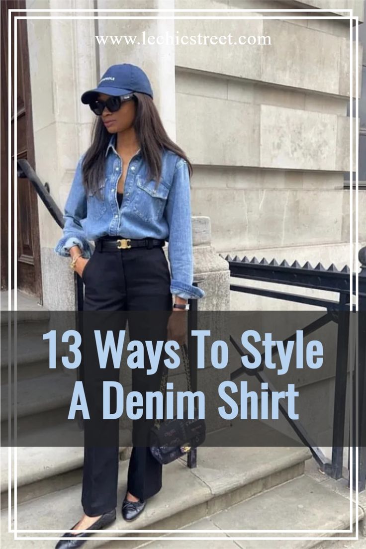 13 Ways To Style A Denim Shirt. Looking for denim aesthetic looks for spring outfits. Plenty of ways to style denim shirt outfit for all year round. Ideas for denim shirt with shorts idea and other denim shirt outfits for fall outfit ideas or spring outfits. Cute denim shirts outfit that are perfect for any style or occasion. #denimshirtoutfit #denimshirtoutfits #denimaesthetic #denimoutfitideas #springoutfits Dark Blue Denim Shirt Outfit Woman, Denim Shirt With Black Jeans, Black Jeans With Denim Shirt, Demin Shirt Outfit Women, Outfit With Denim Shirt Women, Denim Shirt Winter Outfit, Denim Shirt Office Outfit, Jeans Blouse Outfit Casual, Demin Shirt Outfit Casual