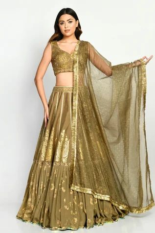 Shop for Moledro Grey Opada Silk Mahi Floral Print Lehenga Set for Women Online at Aza Fashions Designer Brocade Gold Dresses, Gold Brocade Designer Dresses, Gold Brocade Dresses For Designer Wear, Designer Gold Brocade Dresses, Floor-length Gold Palazzo Set With Dupatta, Festive Gold Georgette Sets, Gold Brocade Choli For Reception, Gold Floor-length Palazzo Set For Designer Wear, Gold Brocade Pre-draped Saree With Zari Work