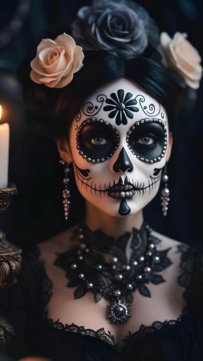 Makijaż Sugar Skull, Halloween Makeup Sugar Skull, Mexican Halloween, Den Mrtvých, Sugar Skull Artwork, Dead Makeup, Creepy Halloween Makeup, Halloween Makeup Diy, Halloween Beauty