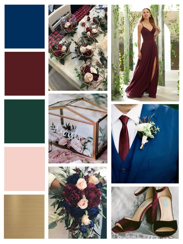 A wedding palette loosely based on Beauty and the Beast. Burgundy-based with pops of Navy Blue, Emerald and Gold. Navy Suit Wedding Color Scheme, Green And Burgundy Wedding, Burgundy Colour Palette, Navy And Burgundy Wedding, Navy Wedding Colors, Navy Gold Wedding, Navy Blue And Gold Wedding, Dresses Flowers, Sarah C