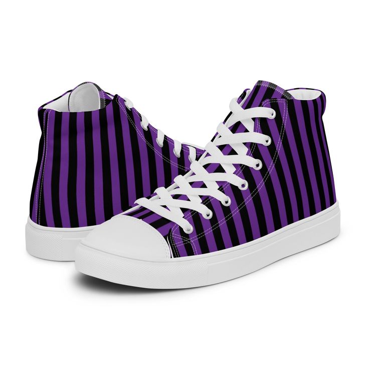 Purple Striped Shoes, High Tops Womens, High Top Sneakers, Gothic Shoes, Halloween Shoes, Vintage Horror Movie, Goth Grunge, Genetic Galaxy Don't forget to treat your feet with care! The classic, stylish high top canvas shoes will be a great addition to your wardrobe. * 100% polyester canvas upper side * Ethylene-vinyl acetate (EVA) rubber outsole * Breathable lining, soft insole * Faux leather toe cap * White laces * Padded collar, lace-up front Important: This product is available in the follo Shoes High Tops, Halloween Shoes, Men's High Top Sneakers, Gothic Shoes, Striped Shoes, Shoes Vintage, Mens High Tops, Vintage Horror, Goth Grunge