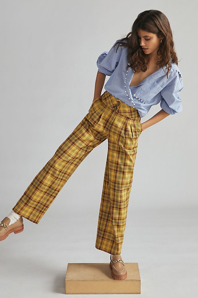 Anthropologie Style Outfit, Work Pants Women, Anthropologie Style, Chunky Loafers, Yellow Plaid, Favorite Sweater, Wide Leg Pant, Plaid Pants, 50 Fashion