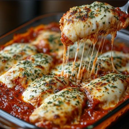 a spatula scooping cheese from a casserole dish with meatballs and sauce