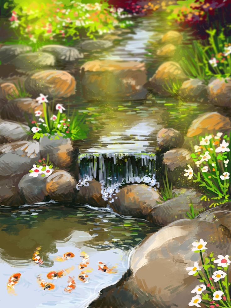 a painting of a stream with rocks and flowers