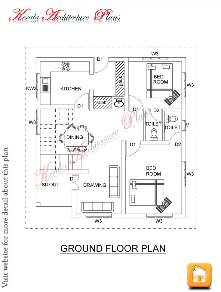 the ground plan for a home with three bedroom and two bathrooms, including a living area