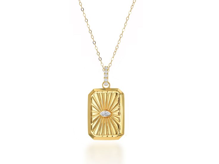 This Diamond Eye Charm is available in 14k yellow. Perfect piece to layer with other charms or wear alone. Charm is approximately 1" Diamond Total Weight: 0.20 CT Sold with our 16" baby link chain,16"-18"-20"cable chain or without a chain. Gold Diamond Rectangular Necklace, Gold Diamond Necklace With Rectangular Shape, 14k Gold Rectangular Pendant Necklace With Charms, Yellow Gold Chain Necklace With Square Pendant, 14k Gold Pendant Necklace With Paperclip Chain, Gold Rectangular Charms Necklace, Yellow Gold Rectangular Cable Chain Necklaces, Yellow Gold Rectangular Cable Chain Necklace, Rectangular Yellow Gold Necklace With Cable Chain