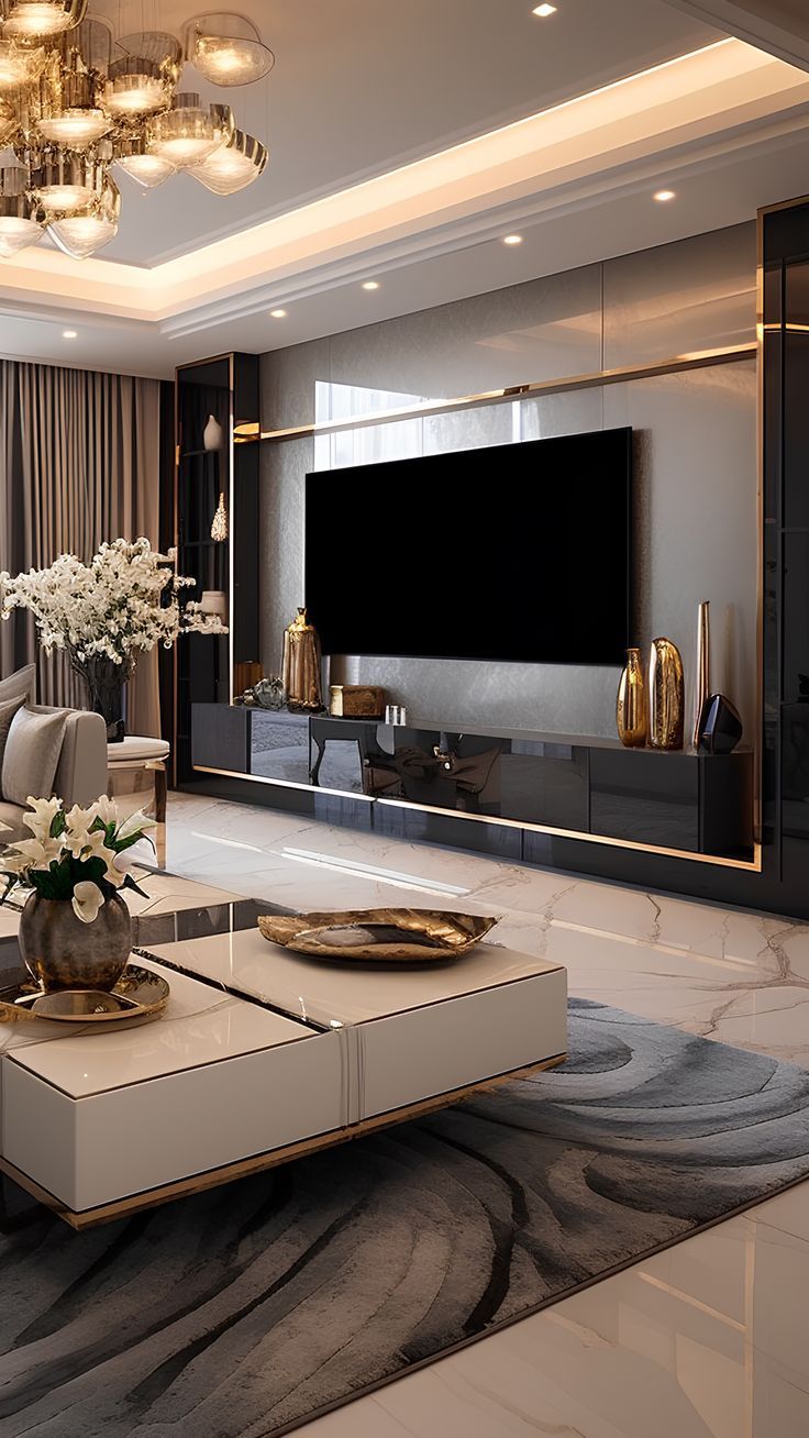 an elegant living room with white and gold furniture, chandelier and large television on the wall