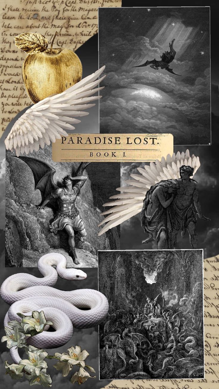 the cover of paradise lost book 1, with images of angels and snakes in black and white