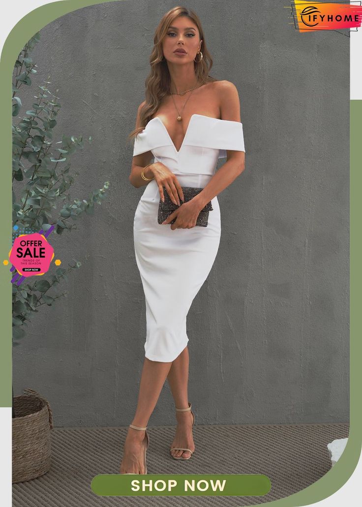 White Off-the-shoulder Midi Dress White Off-shoulder Party Dress, Fitted Off-shoulder V-neck Summer Dress, Fitted V-neck Off Shoulder Summer Dress, Elegant White Off-shoulder Bodycon Dress, White Off-shoulder Bodycon Party Dress, Fitted Off Shoulder V-neck Dress For Spring, White Off-shoulder Bodycon Dress For Party, Chic Off-shoulder Bodycon Summer Dress, Chic Off-shoulder Summer Bodycon Dress