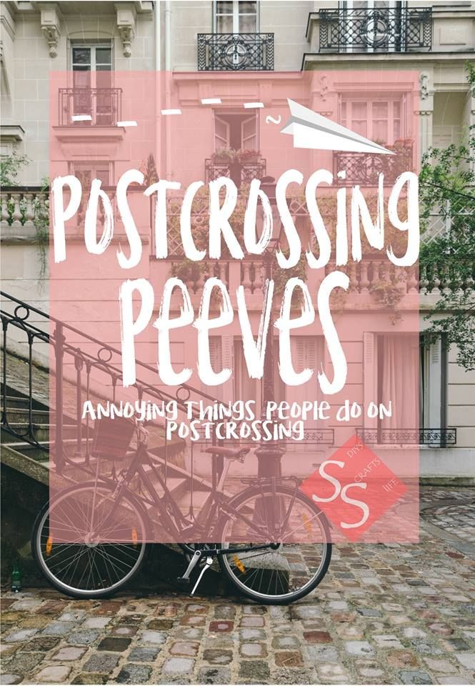 a bicycle parked in front of a pink building with the words postcrossing peeves