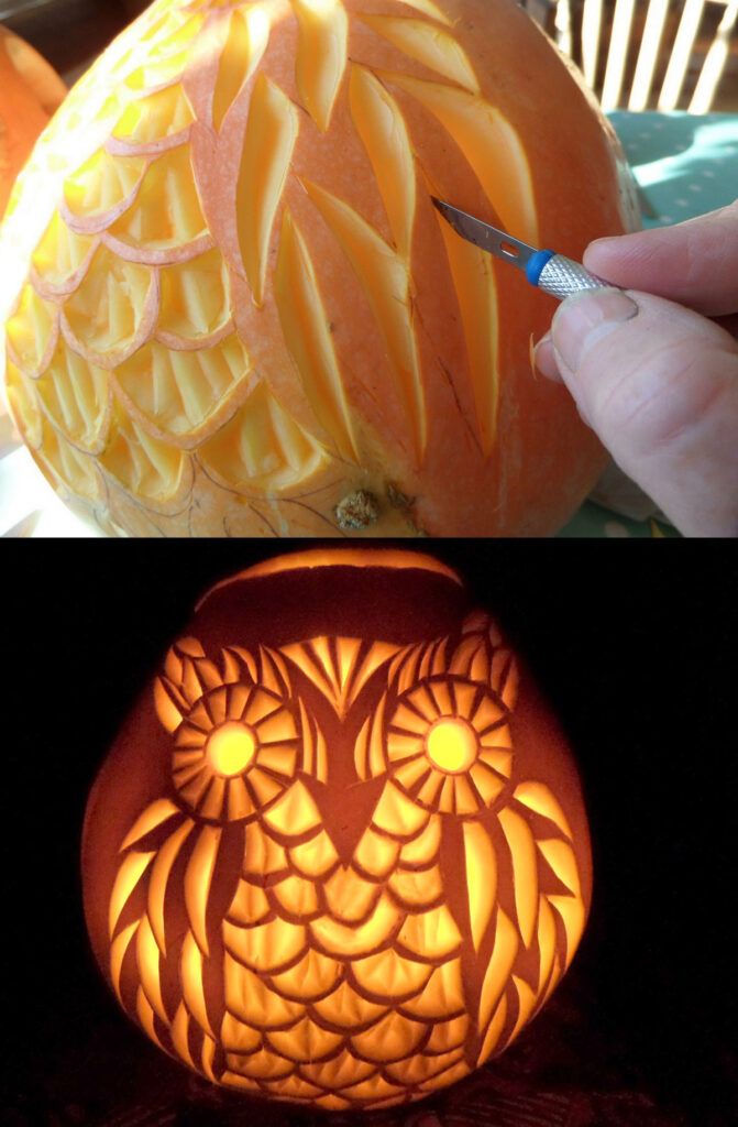 carving pumpkins with carved faces and carvings to look like an owl's head