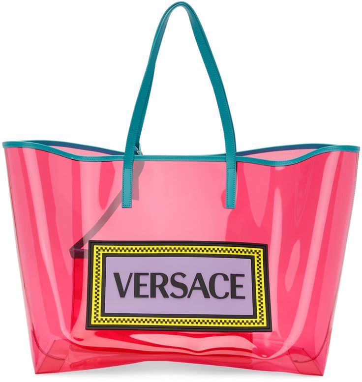 Versace - Pink & Blue PVC Oversized Tote Versace Bag, Versace Pink, Pink Vinyl, Leather Lanyard, Oversized Tote, Versace Outfit, Versace Bags, Shopper Tote, Shopper Bag