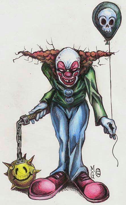 a drawing of a creepy clown holding a balloon