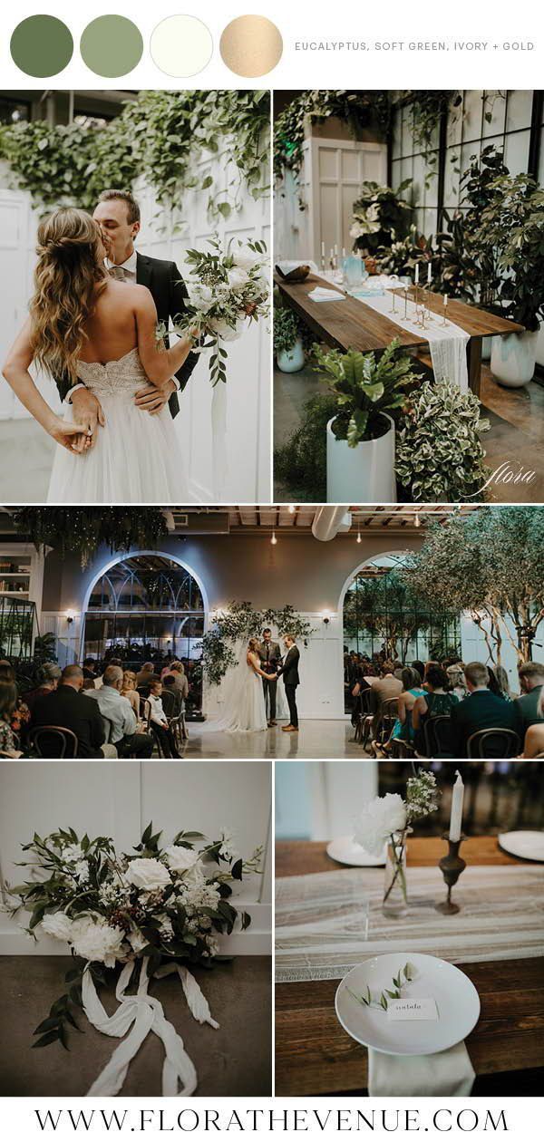 a collage of wedding photos with greenery