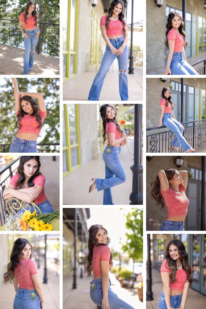 a collage of photos showing the same woman in jeans and pink shirt, with different poses