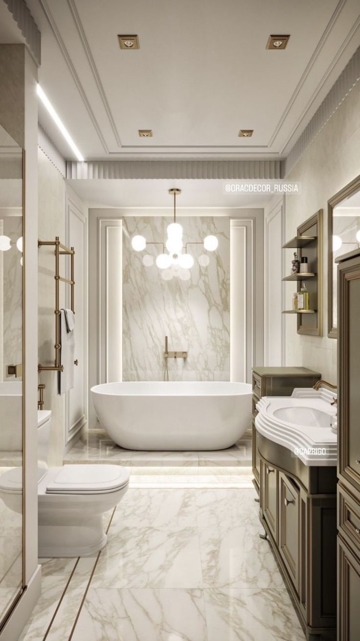 an elegant bathroom with marble floors and walls