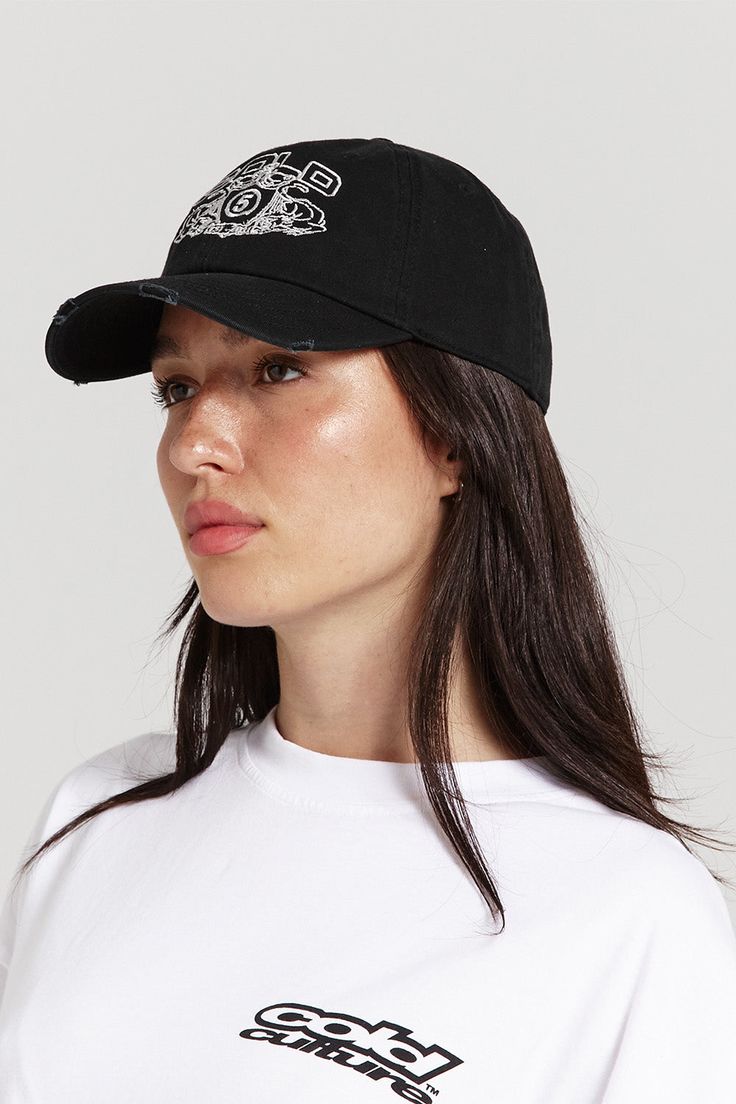 Black cap. 100% cotton. Logo embroidered on the front. Cold Culture logo embroidered on the back. Easily adjusts to fit all sizes with an adjustable strap. Black Embroidered Logo Baseball Cap, Black Cotton Dad Hat With Embroidered Logo, Embroidered Baseball Cap With Visor For Streetwear, Embroidered Visor Baseball Cap For Streetwear, Urban Black Dad Hat With Embroidered Logo, Black Cotton Trucker Hat With Logo Patch, Black Embroidered Dad Hat Baseball Cap, Black Embroidered Baseball Cap Dad Hat, Black Cotton Trucker Hat With Visor