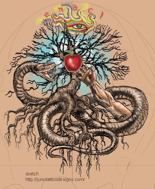 a drawing of an apple and a snake with roots in the shape of a tree