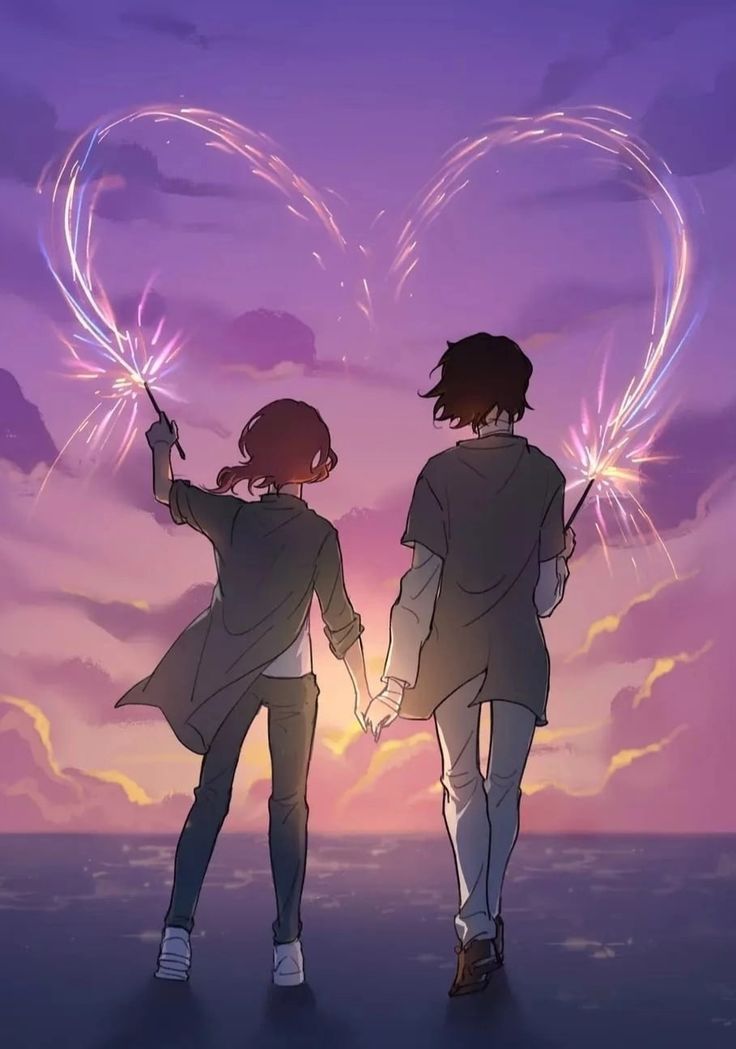 two people holding hands and looking at the sky with heart shaped sparklers above them