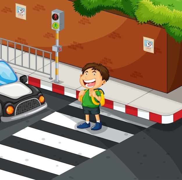 a boy standing at the crosswalk in front of a car with his backpack on