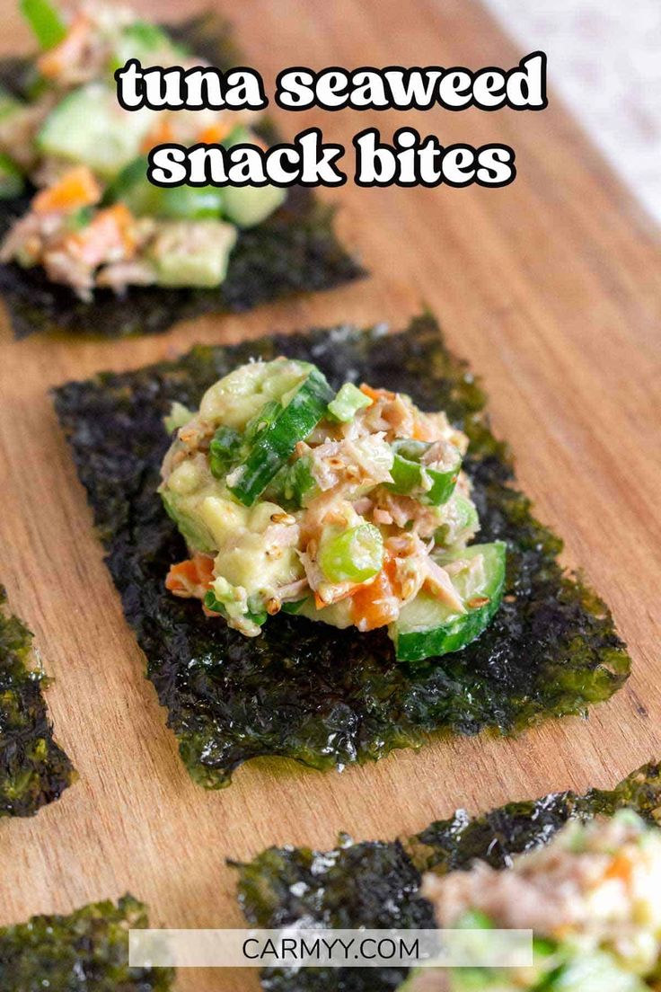 tuna seaweed snack bites on a wooden cutting board