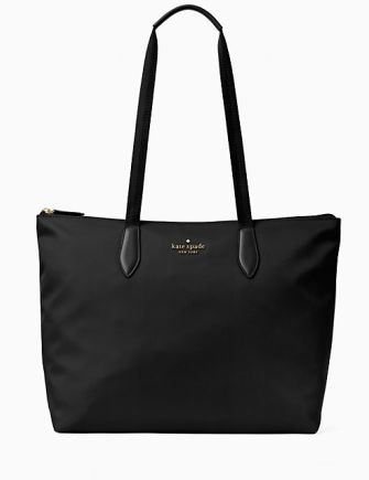 10.8"h x 14.2"w x 6.2"dhandle drop: 11"polyestertrim: smooth pvcmetal pinmount logotwo way spade jacquard lininginterior detachable wristlet for the bag to fold intozip top closurestyle # wkr00625Color: Black Kate Spade New York, Kate Spade, Tote Bag, Black