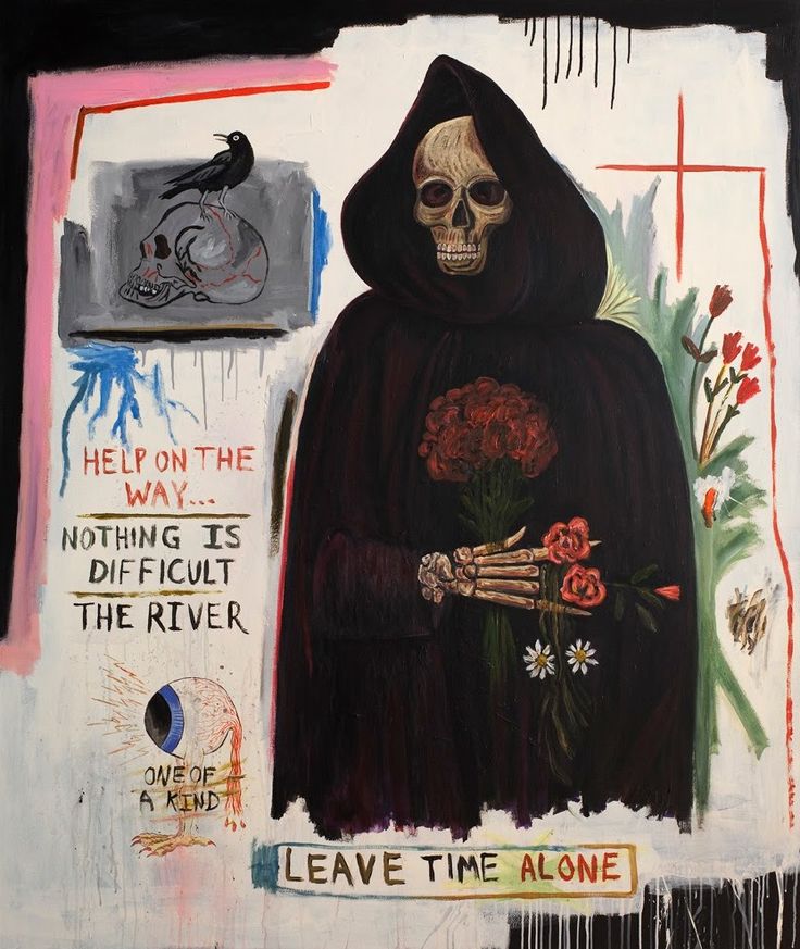 a painting of a skeleton in a black robe holding flowers