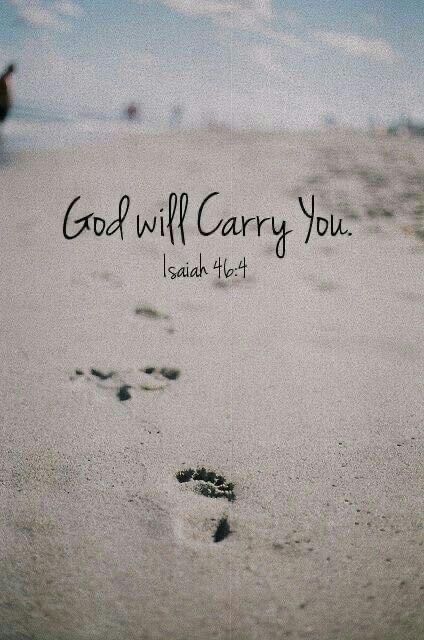 footprints in the sand with a handwritten message on it that says, god will carry you