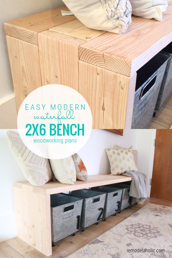 the diy bench is made out of wood and has storage bins underneath it