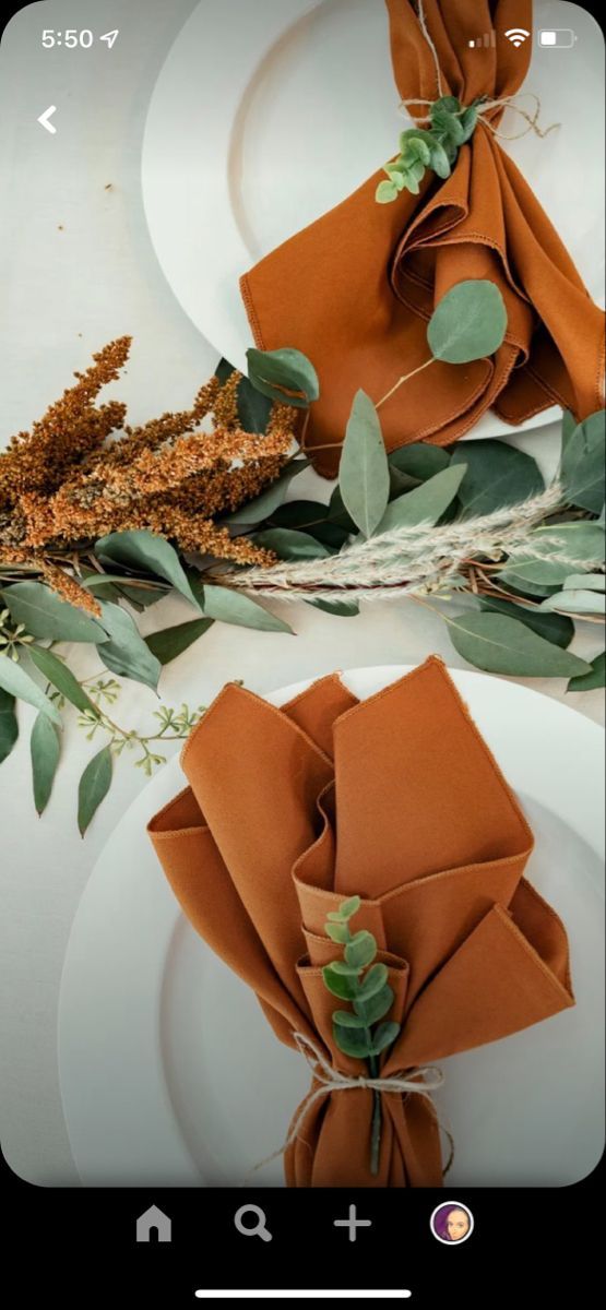 two plates with napkins tied to them and some green leaves on the table top