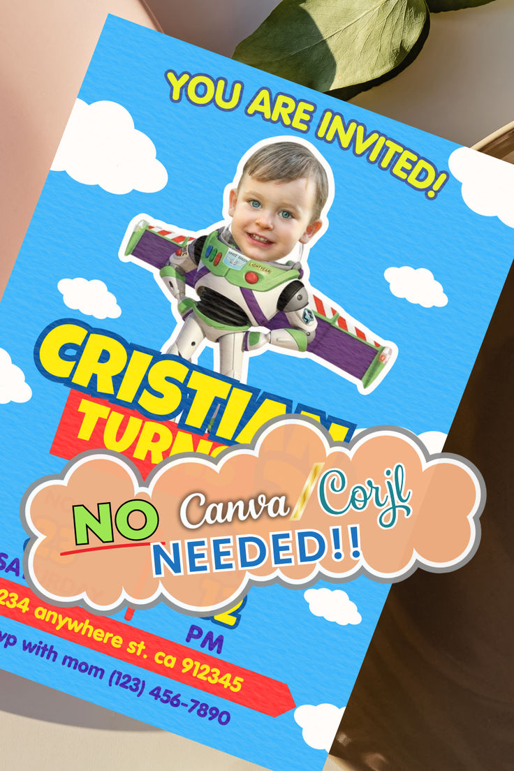 Custom Buzz Lightyear birthday invitation, personalized with your child’s photo. Perfect for Toy Story-themed parties, this digital invite is easy to share via text, email, or social media—no Canva or Corjl needed. Delivered in 24 hours! Optional add-ons include a custom event map and bilingual translation. Ideal for busy parents who want a quick, eco-friendly, and personalized party invite. Save this idea for your next party! Lightyear Birthday Party, Lightyear Party, Buzz Lightyear Birthday Party, Buzz Lightyear Party, Buzz Lightyear Birthday, S Photo, Digital Invite, Toy Story Party, Birthday Invitations Kids