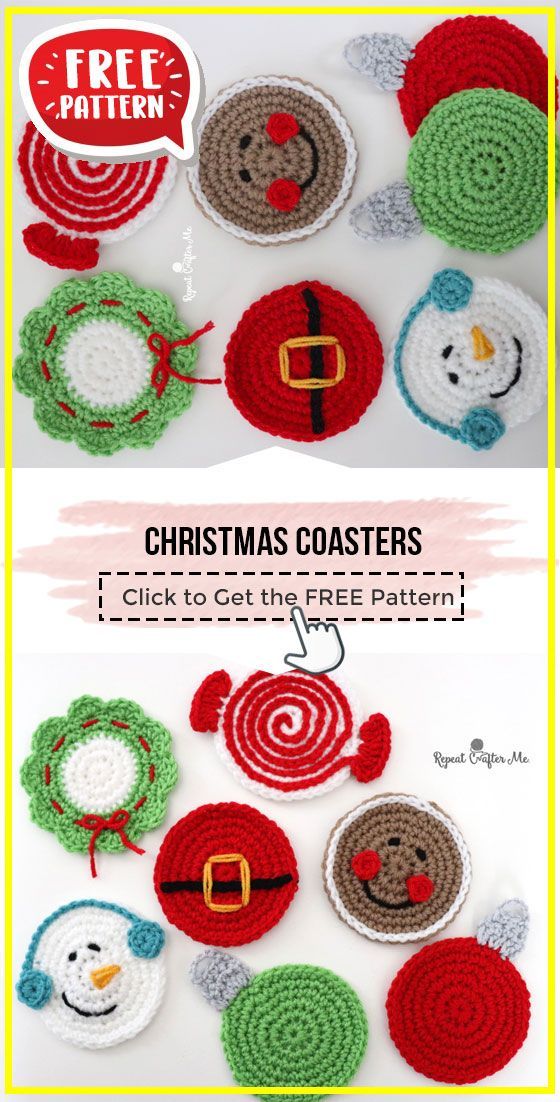 crocheted christmas coasters are shown with the text, free pattern and instructions