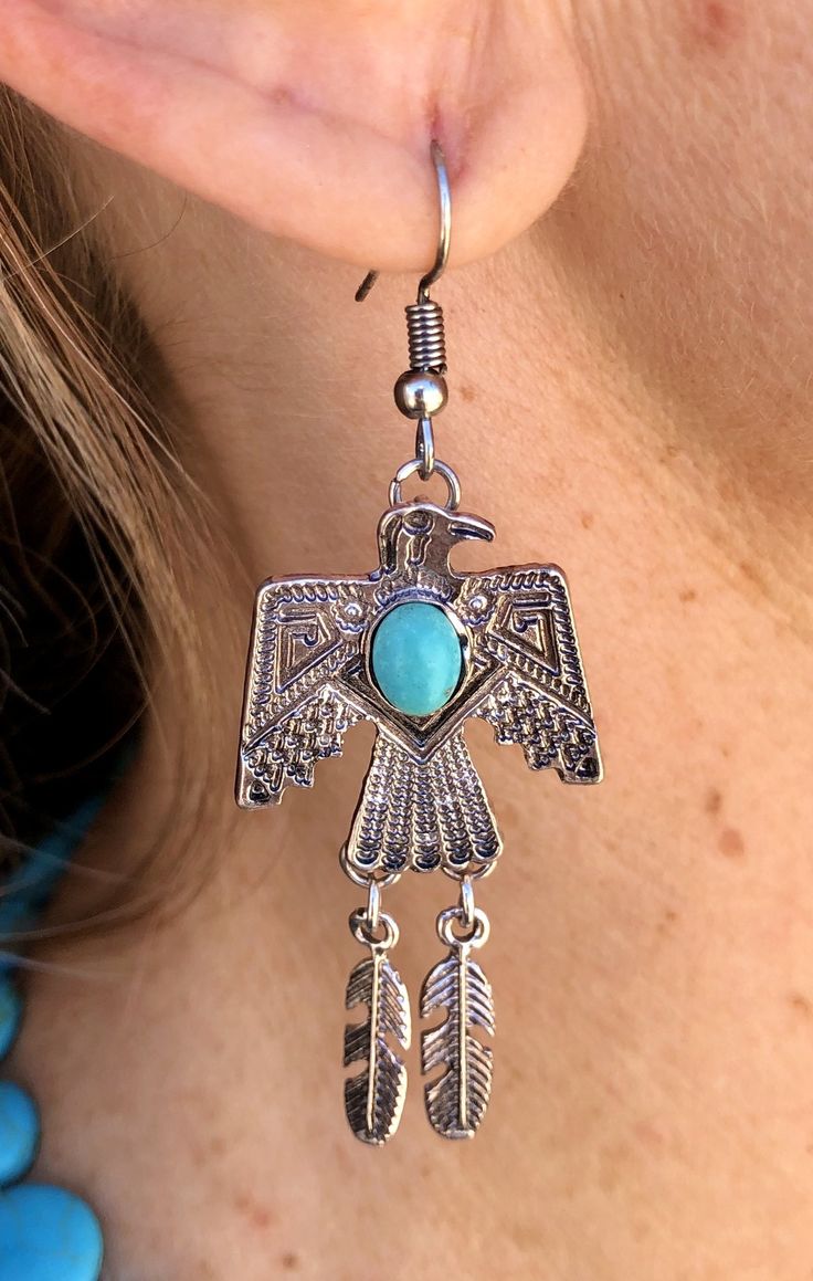 Thunderbird earrings – The Feisty Bull Boutique Trendy Dangle Matching Earrings Jewelry, Southwestern Metal Earrings For Gift, Southwestern Style Metal Earrings For Gift, Turquoise Metal Earrings, Turquoise Metal Earrings For Pierced Ears, Southwestern Style Metal Jewelry For Gifts, Southwestern Style Metal Jewelry As Gift, Southwestern Style Metal Jewelry Gift, Nickel-free Southwestern Metal Jewelry