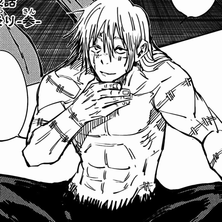 a black and white drawing of an anime character holding his hand over his chest, with the