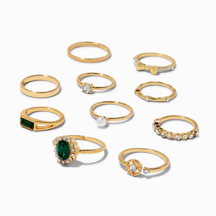 Claire's Gold-tone & Emerald Bow Mixed Rings - 10 Pack Mixed Rings, Royalty Core, Piercing Kit, My Christmas List, Green Rings, Aesthetic Jewelry, Fashionable Jewelry, Demi Fine Jewelry, Cute Rings