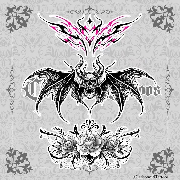 a bat that is on top of a floral design with skulls and flowers in the background