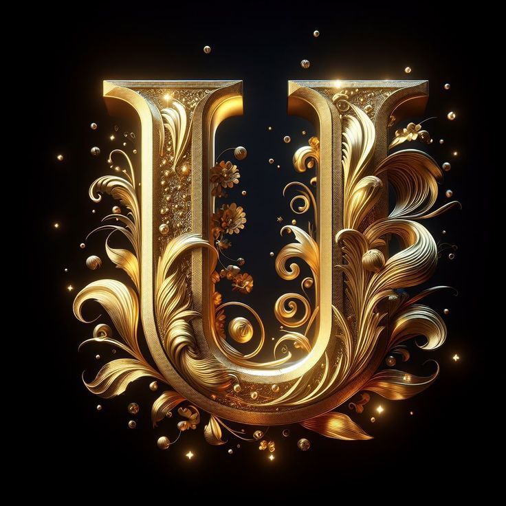 the letter u is made up of gold swirls and flowers on a black background