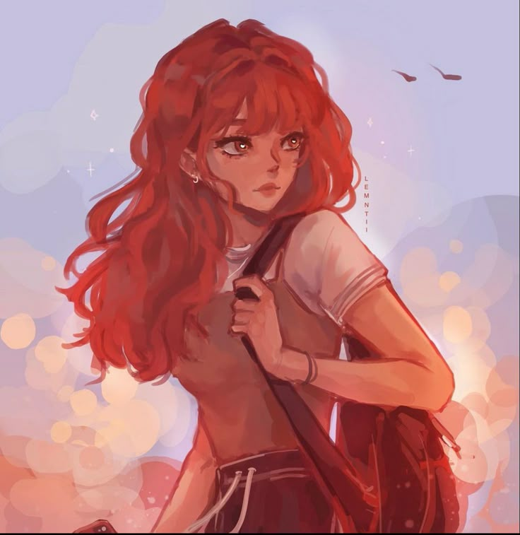 a girl with long red hair holding a purse