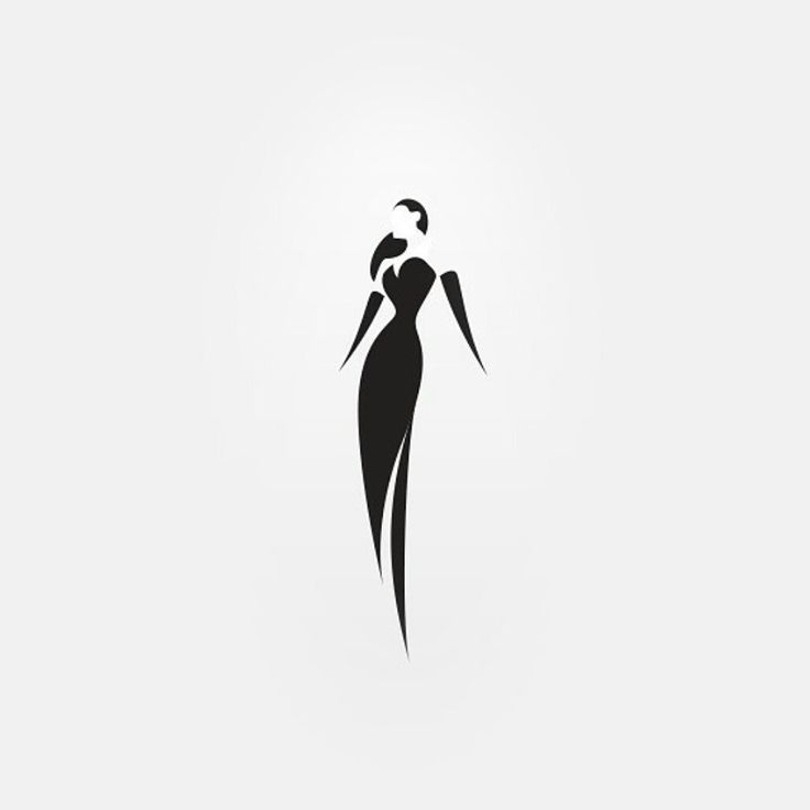 the silhouette of a woman with long hair in a black dress on a white background